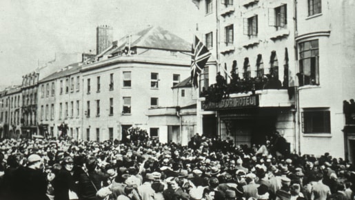 A large crowd celebrating