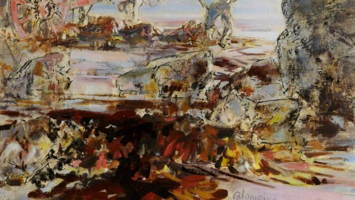 A painting of someone collecting seaweed