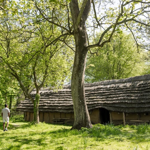 a longhouse with thatched roof