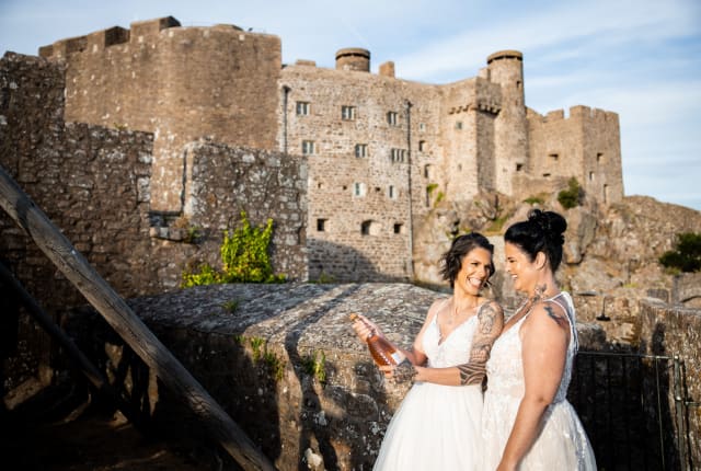 Mont Orgueil Castle brides in castle grounds castle in background
