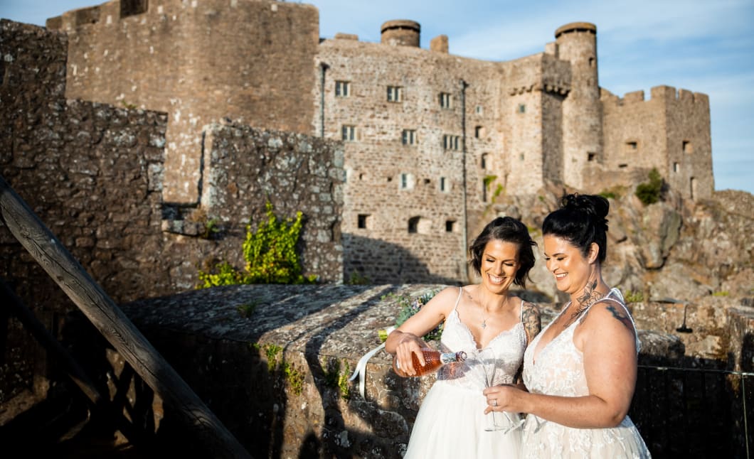 Mont Orgueil Castle brides in castle grounds castle in background