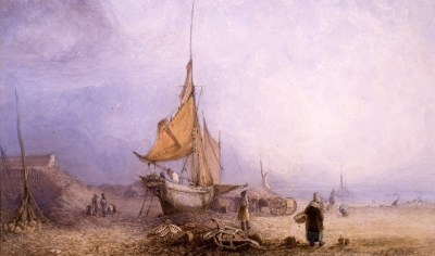 A painting of a moored boat in a bay as people do low water fishing.