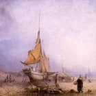 A painting of a moored boat in a bay as people do low water fishing.